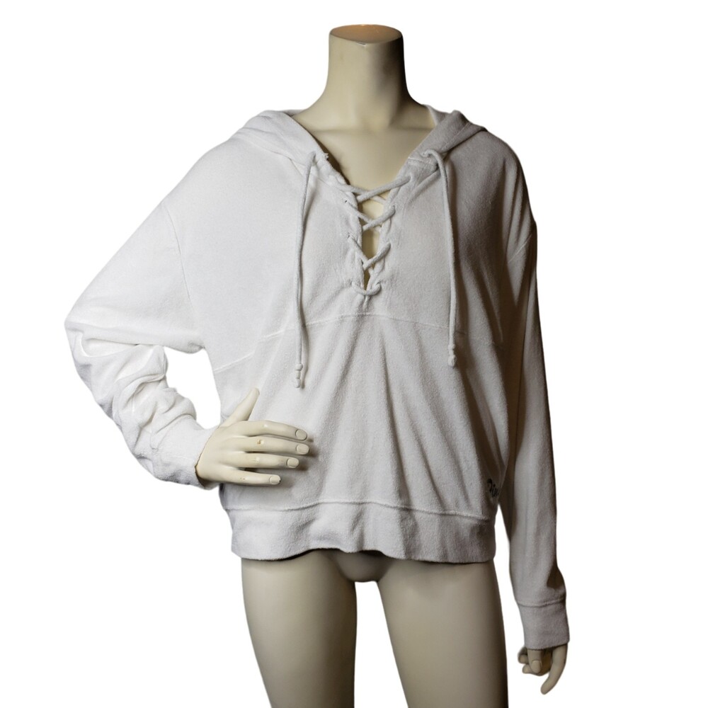 VICTORIA'S SECRET PINK White Terry Lace Up Hoodie Top Size Large